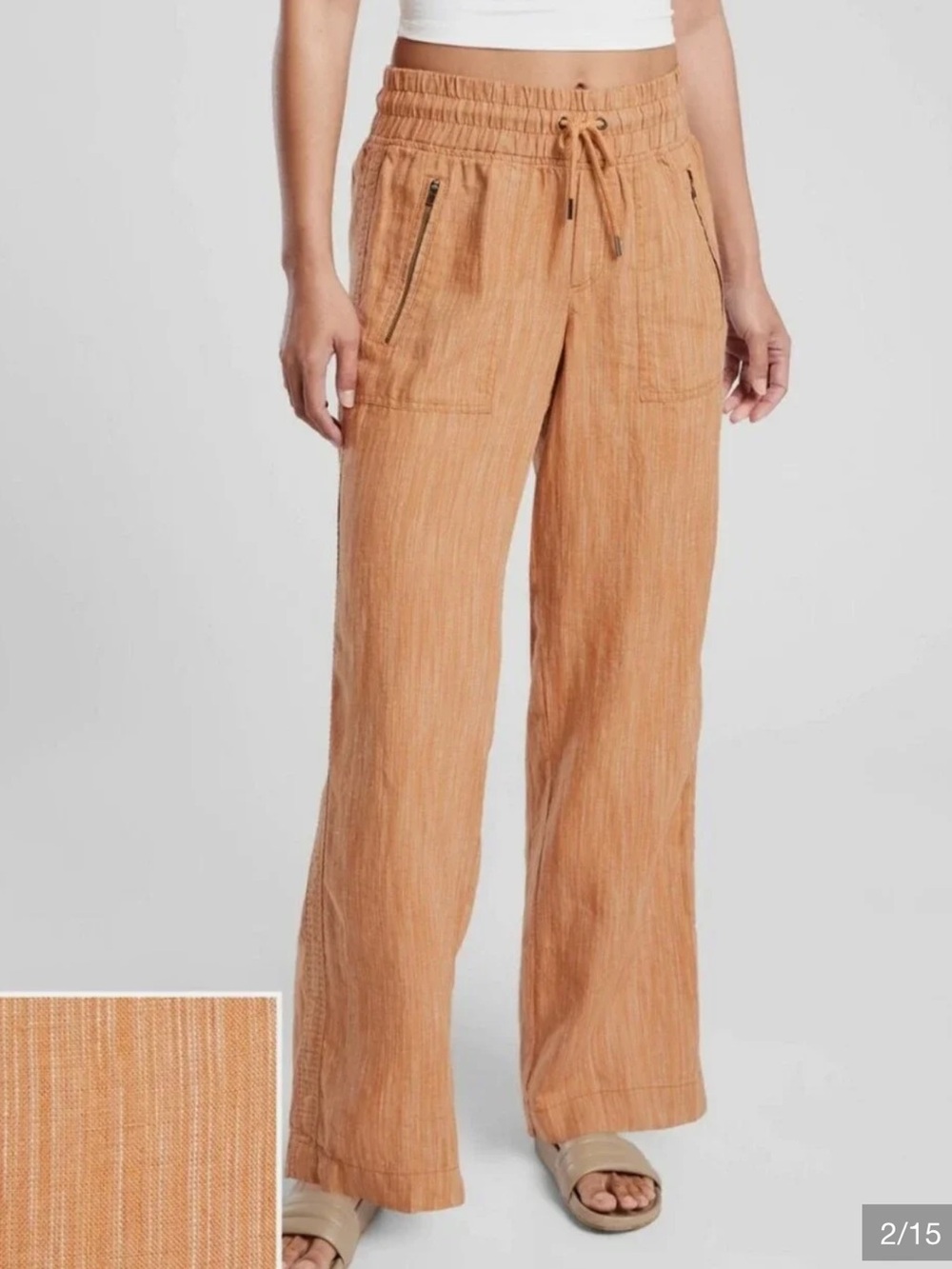 Athleta Cabo Linen Textured Wide Leg Pants size 4 Tan Brown Pull On Beach Travel - Picture 2 of 12